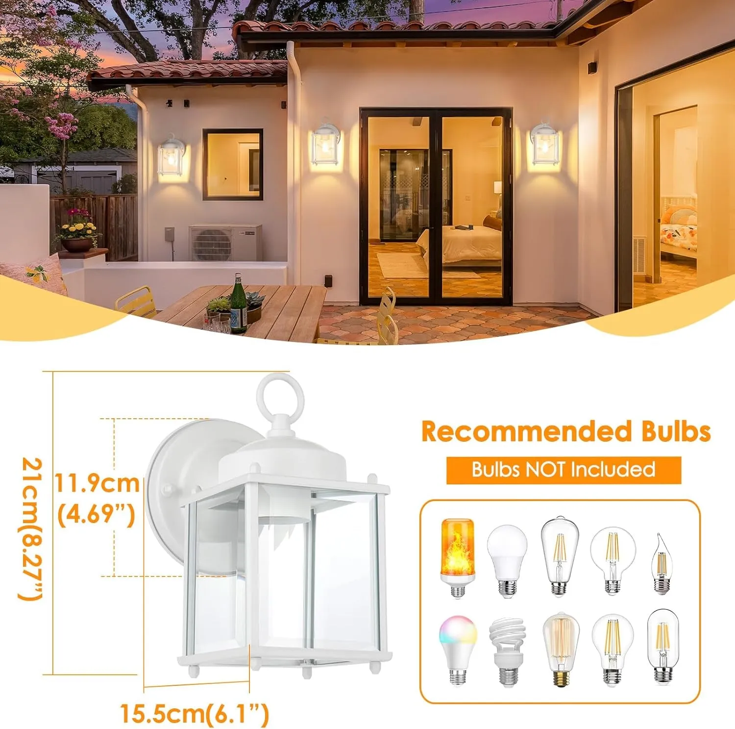 Outdoor Wall Lantern, Exterior White Waterproof Wall Sconce Lighting Fixtures, Front Door Wall Lights with Clear Beveled Glass Shade, 2 Pack