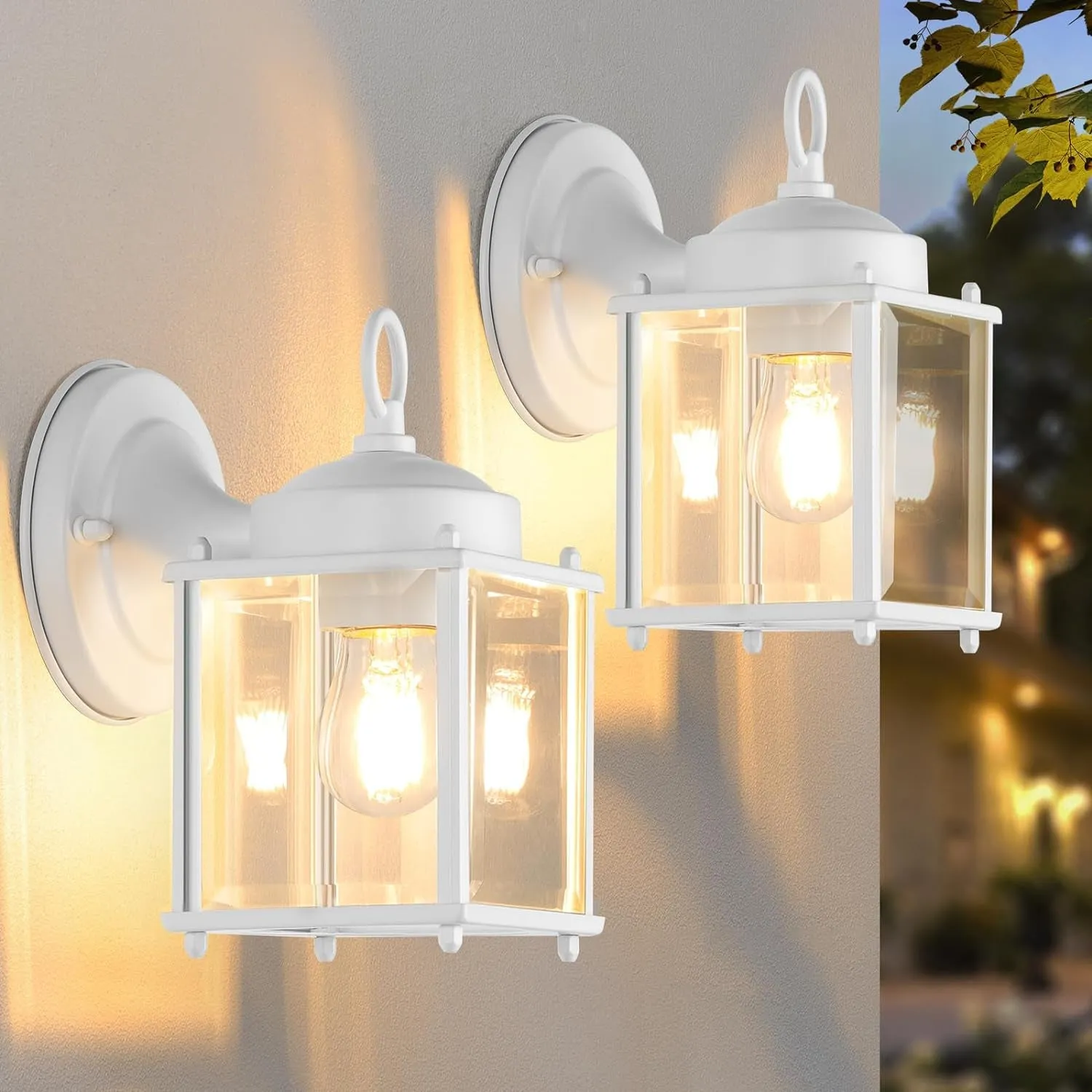 Outdoor Wall Lantern, Exterior White Waterproof Wall Sconce Lighting Fixtures, Front Door Wall Lights with Clear Beveled Glass Shade, 2 Pack