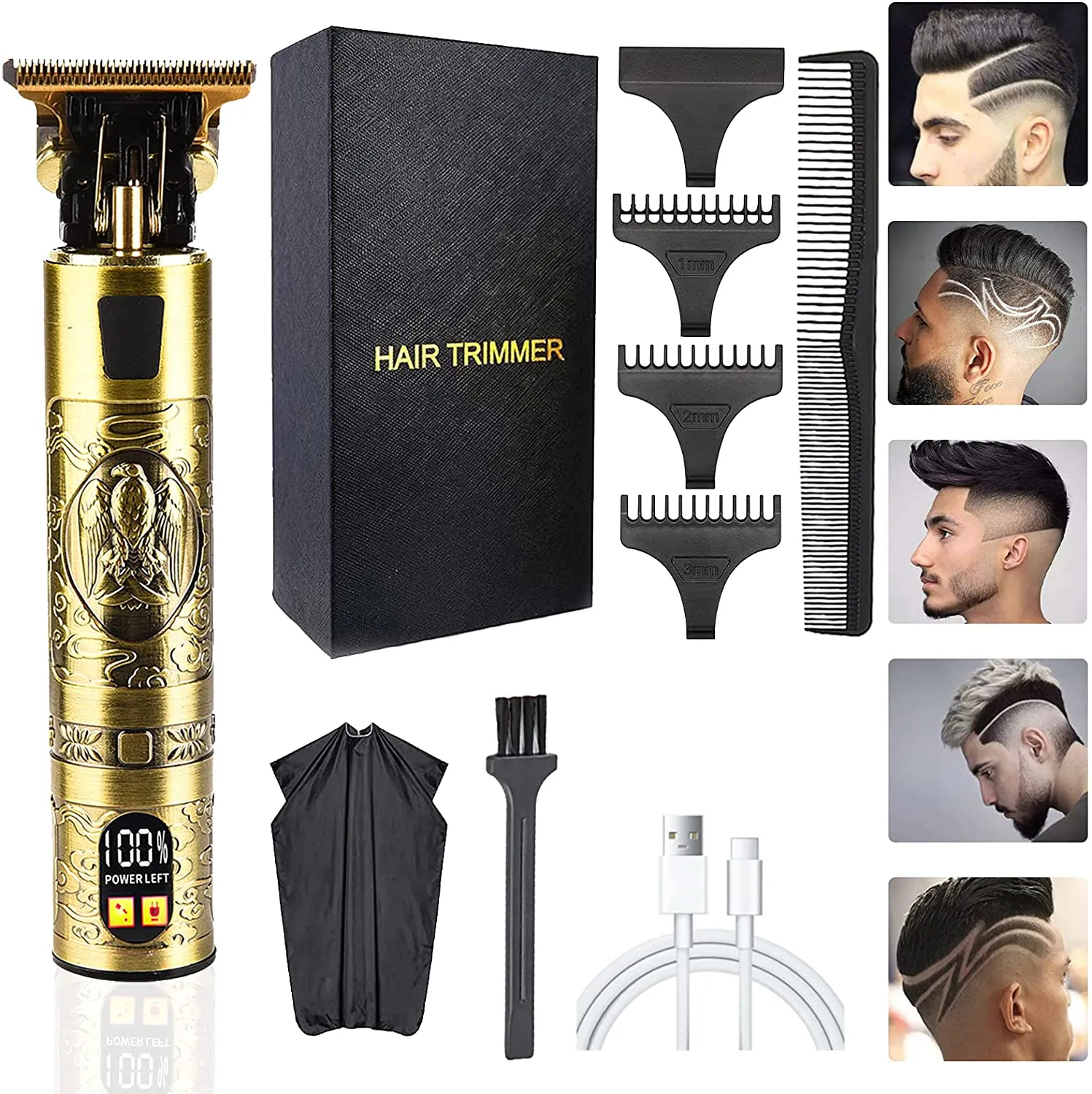 Professional Zero Gapped Hair Trimmer for Men, USB LED Display Hair Clippers for Men with Limit Combs, Rechargeable Cordless Mens Grooming Trimmer Kit for Baldheaded Detail Beard Barbershop (Bronze)