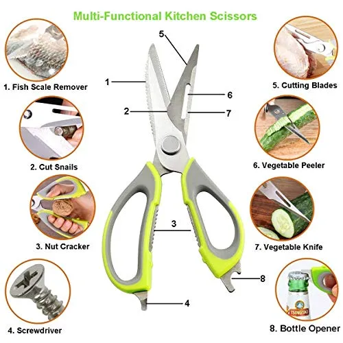 RENESMEE Kitchen Scissors Stainless Steel Shears Heavy Duty 10 in 1 Household Scissors with Magnetic Holder for Chicken, Fish, Seafood, Cutter, Peeler, Opener, Slicer (Set of 1), Multicolor