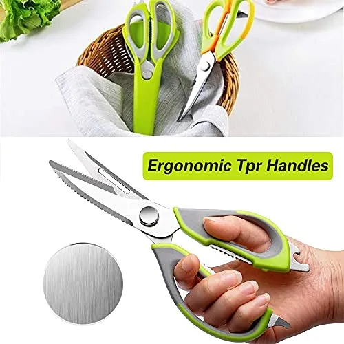 RENESMEE Kitchen Scissors Stainless Steel Shears Heavy Duty 10 in 1 Household Scissors with Magnetic Holder for Chicken, Fish, Seafood, Cutter, Peeler, Opener, Slicer (Set of 1), Multicolor