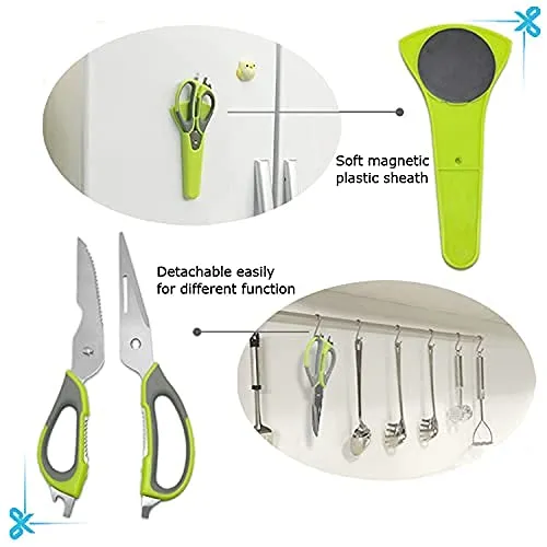 RENESMEE Kitchen Scissors Stainless Steel Shears Heavy Duty 10 in 1 Household Scissors with Magnetic Holder for Chicken, Fish, Seafood, Cutter, Peeler, Opener, Slicer (Set of 1), Multicolor