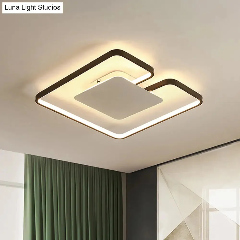 Simple Iron LED Flushmount Ceiling Fixture with Gap Design for Bedroom - Square Frame, Thin, 15"/19" W - White/Black Inner or Black/White Inner