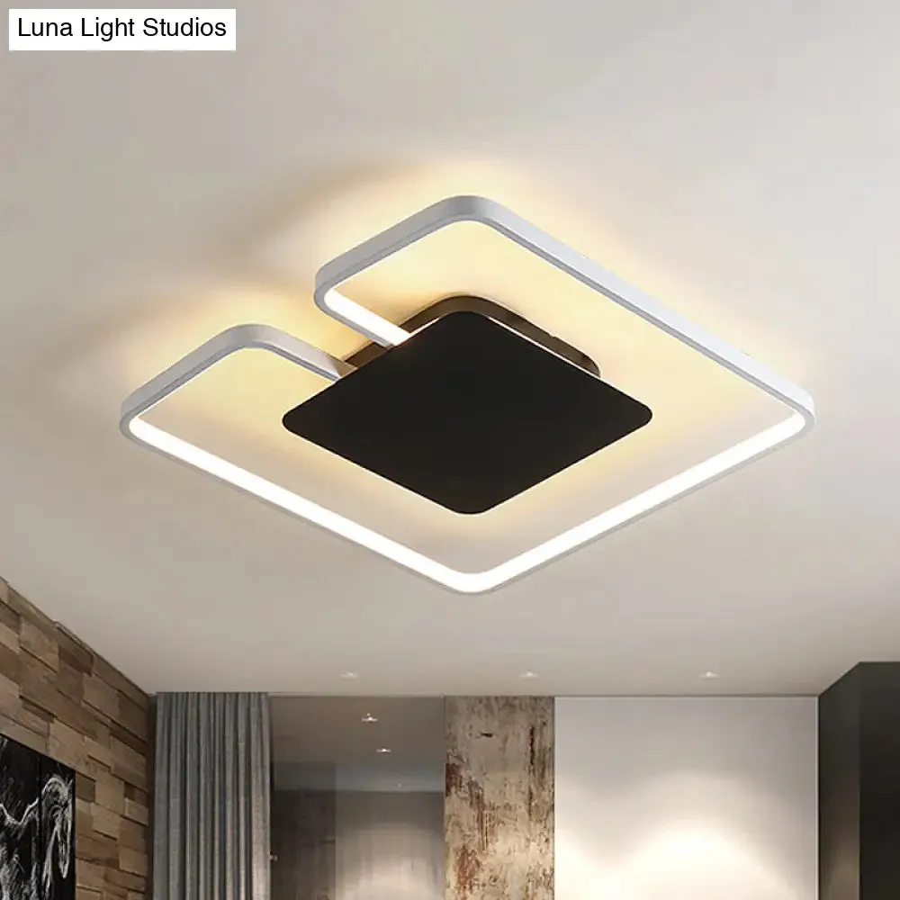 Simple Iron LED Flushmount Ceiling Fixture with Gap Design for Bedroom - Square Frame, Thin, 15"/19" W - White/Black Inner or Black/White Inner