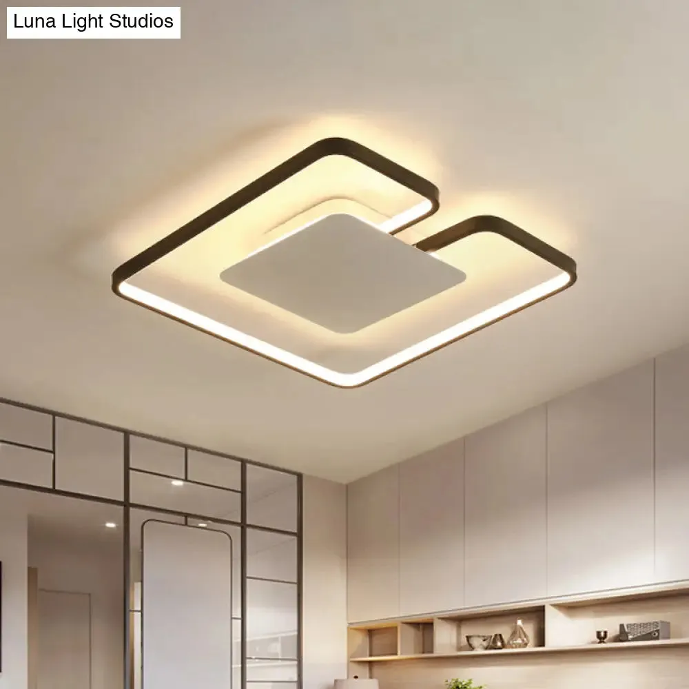 Simple Iron LED Flushmount Ceiling Fixture with Gap Design for Bedroom - Square Frame, Thin, 15"/19" W - White/Black Inner or Black/White Inner