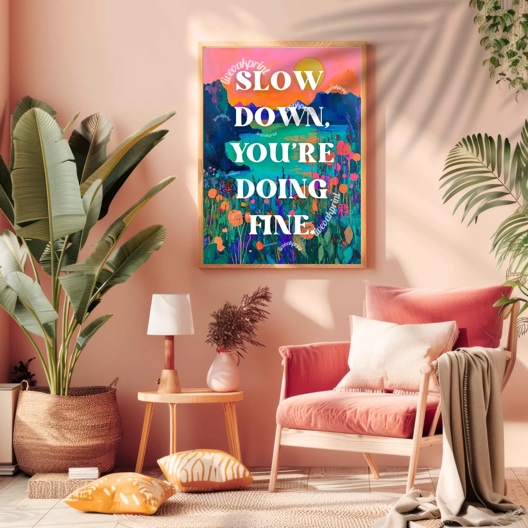 Slow Down You're Doing Fine print - Anti Anxiety Wall Art  - 1970s Retro Inspired Beach Interior Print - Eclectic Decor - Maximalist Art