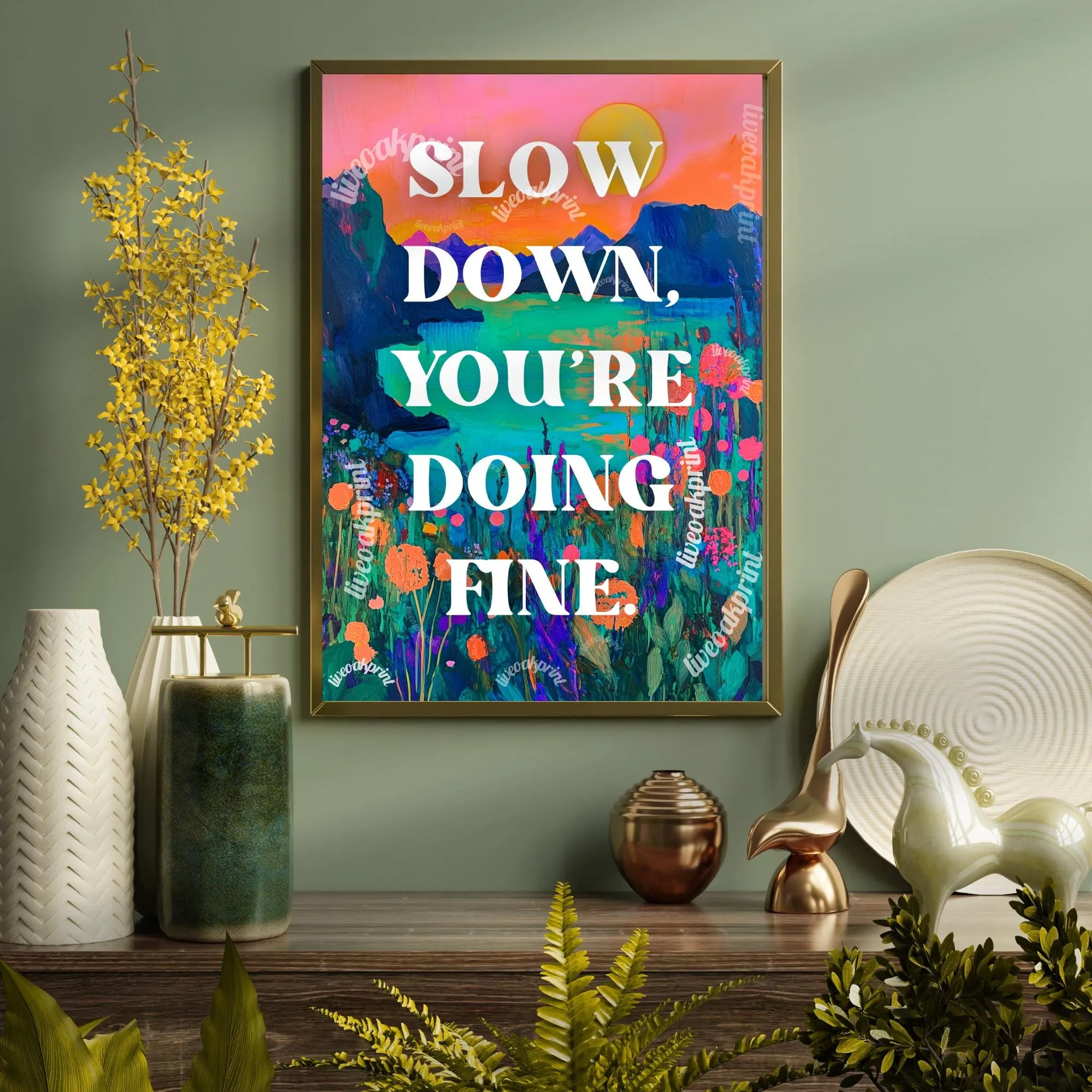 Slow Down You're Doing Fine print - Anti Anxiety Wall Art  - 1970s Retro Inspired Beach Interior Print - Eclectic Decor - Maximalist Art