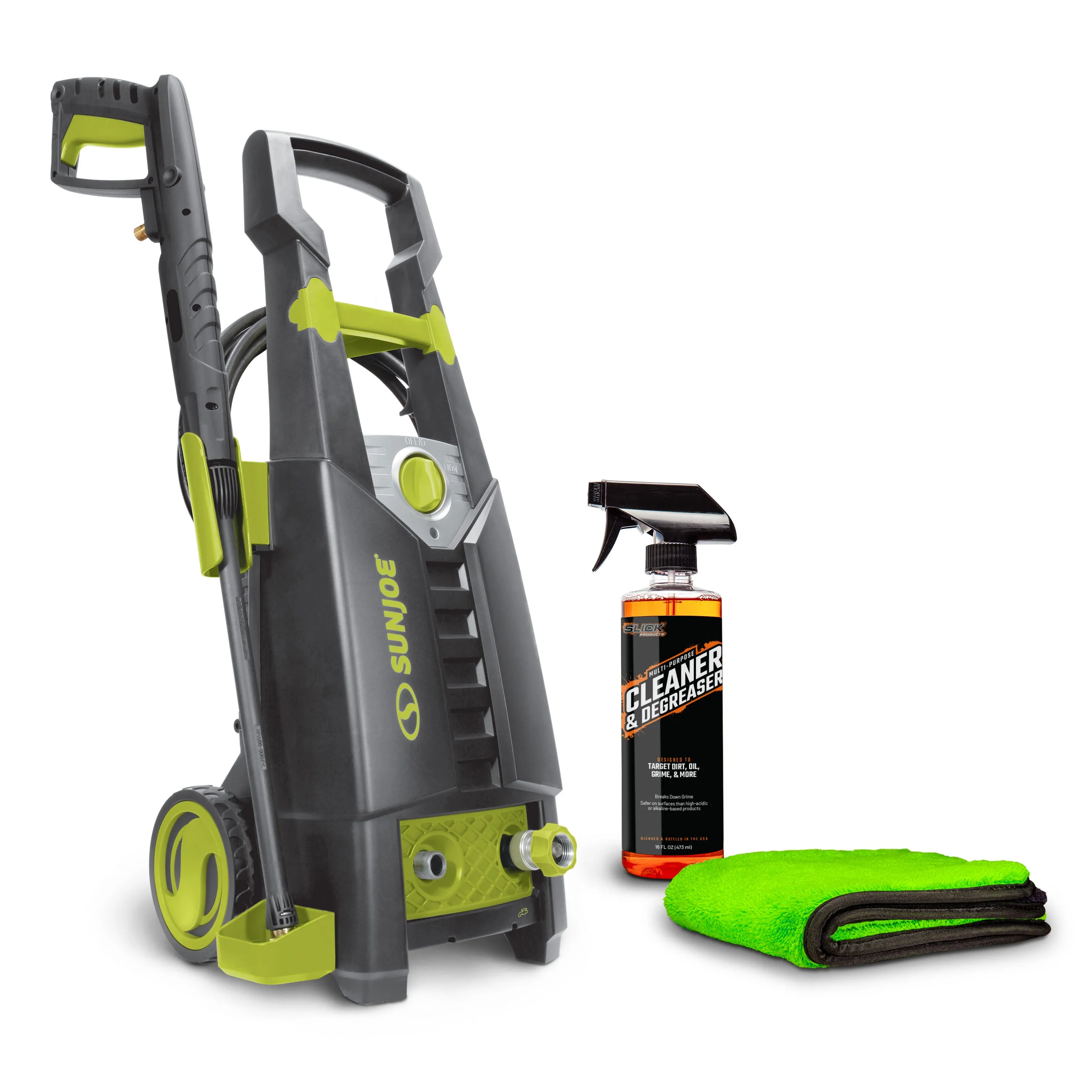 Sun Joe Clean & Degrease Pressure Washer Bundle | Includes Cleaner/Degreaser and Microfiber Towel | Max Performance Pressure Washer | Onboard Foam Cannon |