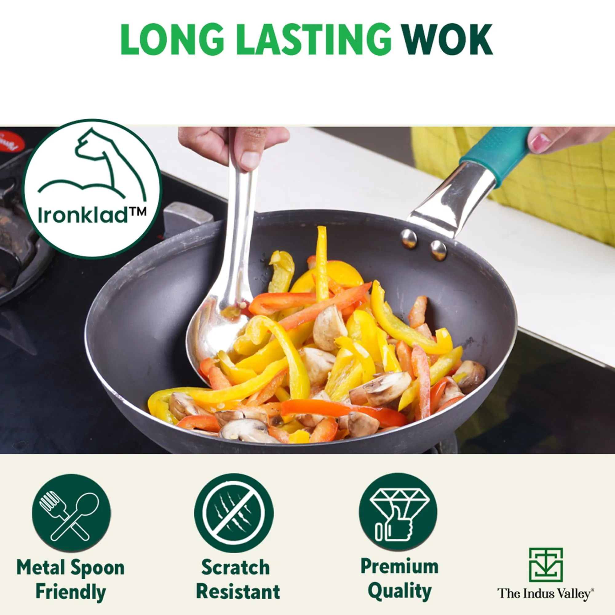 The Indus Valley Pure Iron Wok with Silicone Grip | Large, 30.8cm/12.1 inch, 3.5Ltr, 1.4kg | Gas Compatible | Pre-Seasoned Wok, 100% Pure & Toxin-Free, No Chemical Coating