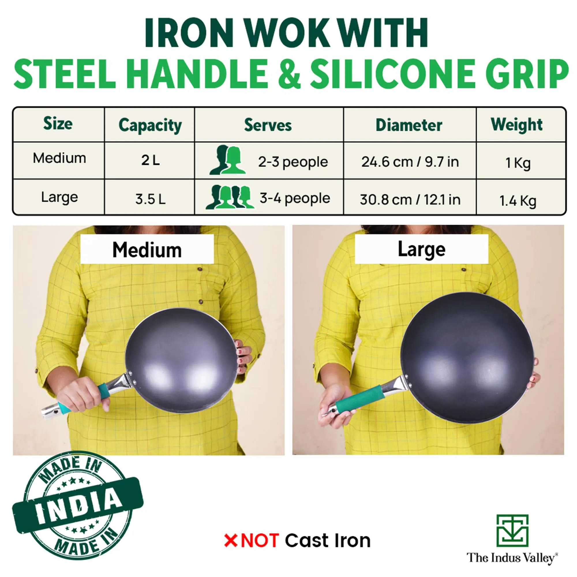 The Indus Valley Pure Iron Wok with Silicone Grip | Large, 30.8cm/12.1 inch, 3.5Ltr, 1.4kg | Gas Compatible | Pre-Seasoned Wok, 100% Pure & Toxin-Free, No Chemical Coating