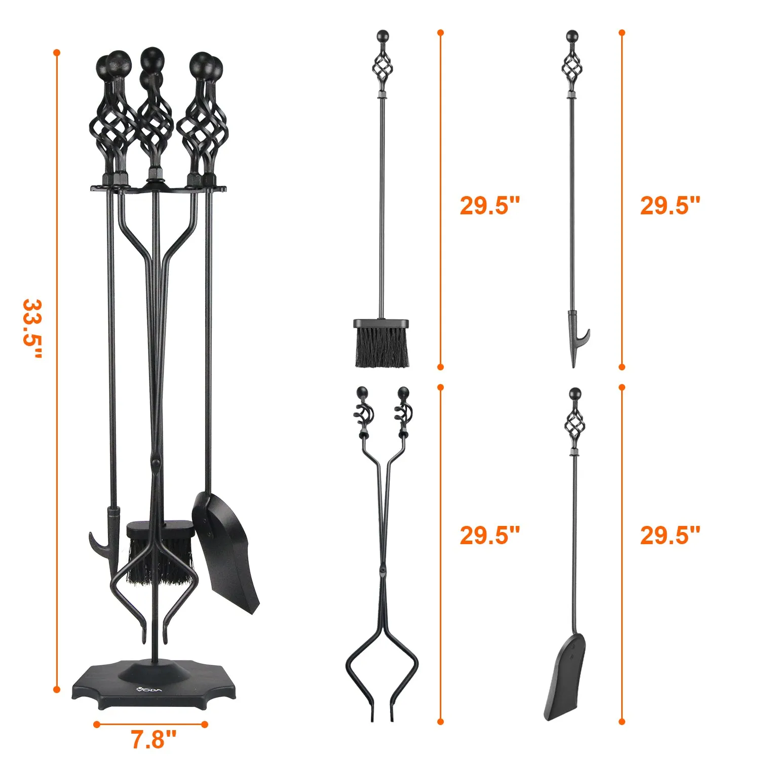 VODA 5-Piece Outdoor Holder Fireplace Accessories Large Fire Kit Fireplace Tools Set