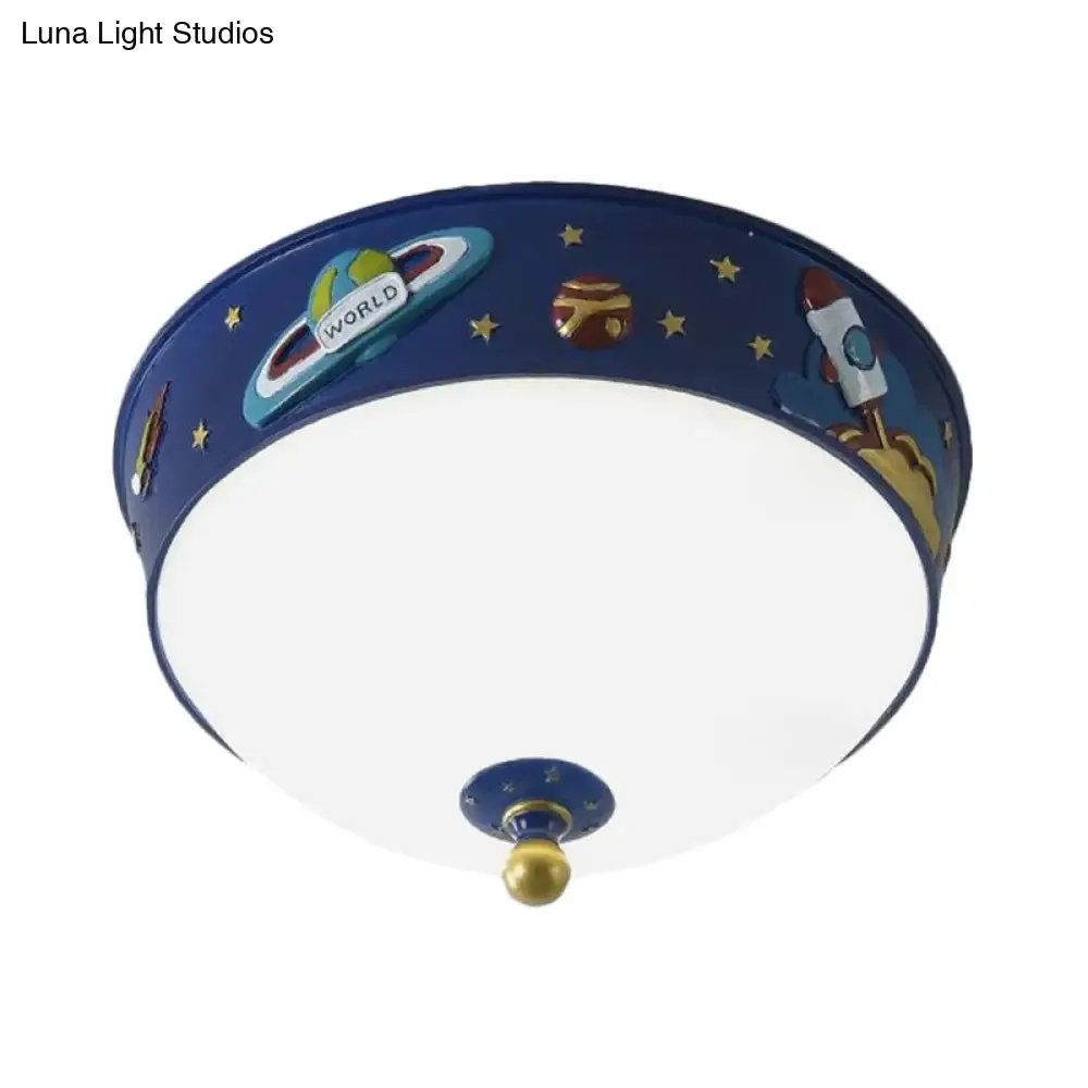 White Glass Bowl Ceiling Light - Cartoon LED Blue Flush Mount with Space Pattern in Warm/White Light