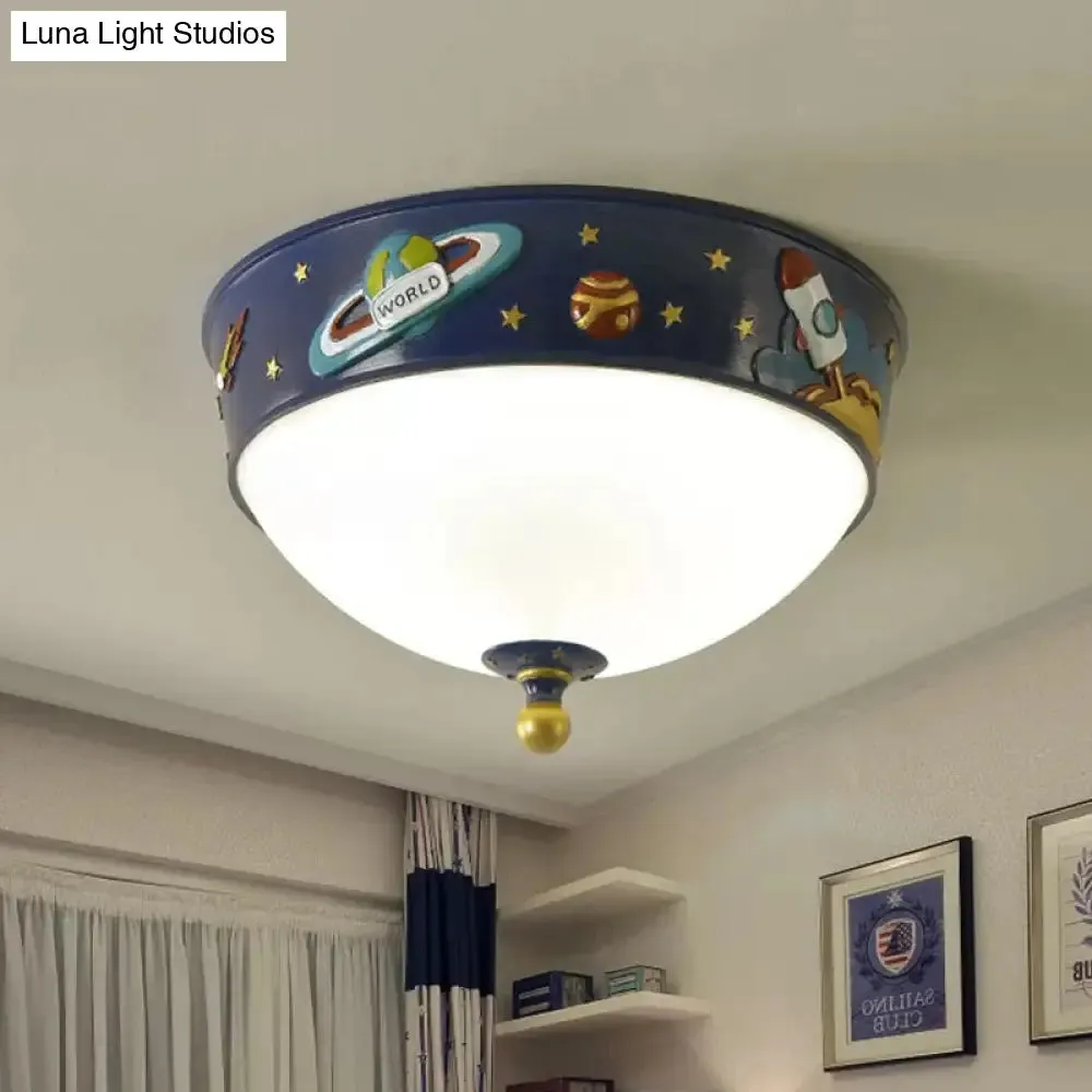 White Glass Bowl Ceiling Light - Cartoon LED Blue Flush Mount with Space Pattern in Warm/White Light