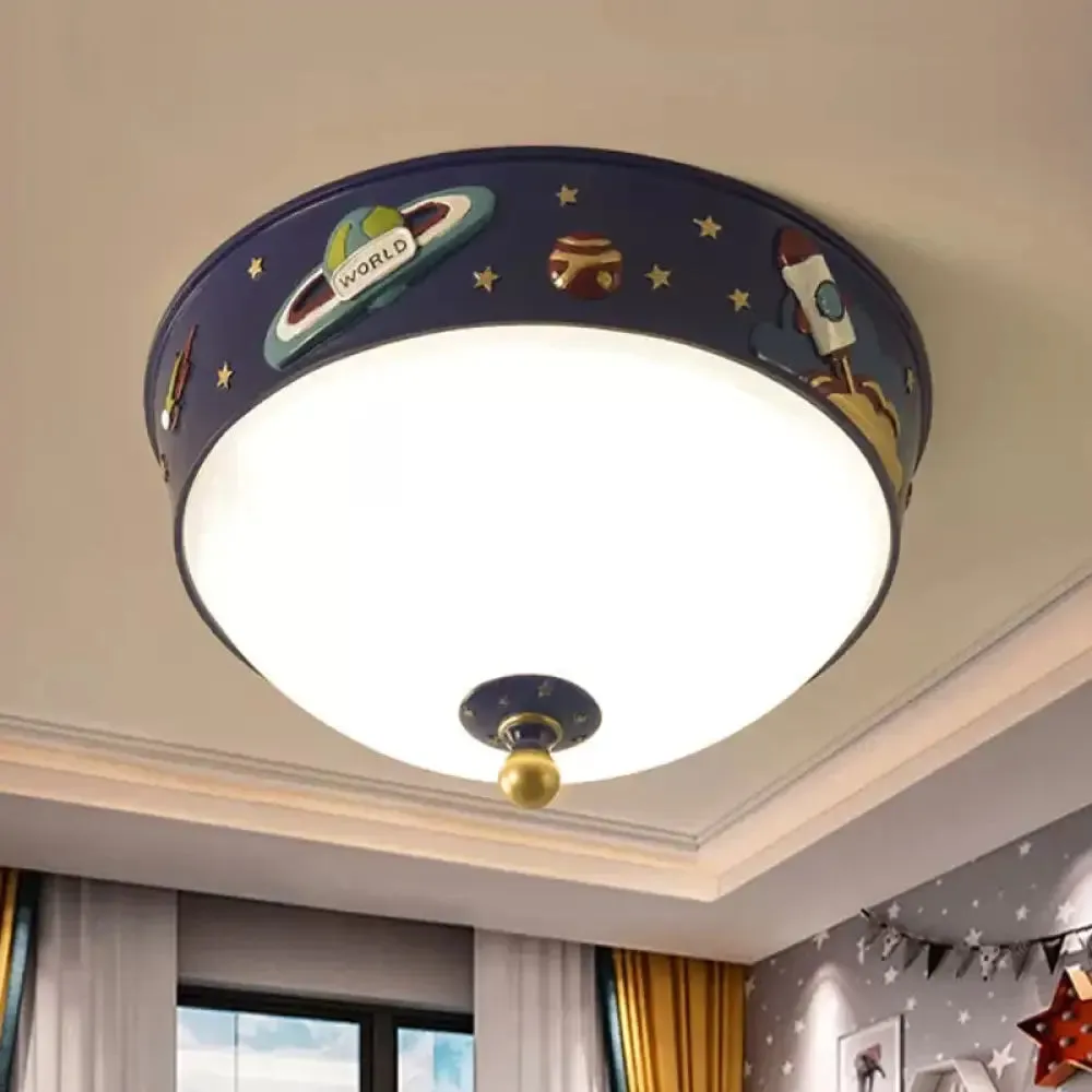 White Glass Bowl Ceiling Light - Cartoon LED Blue Flush Mount with Space Pattern in Warm/White Light