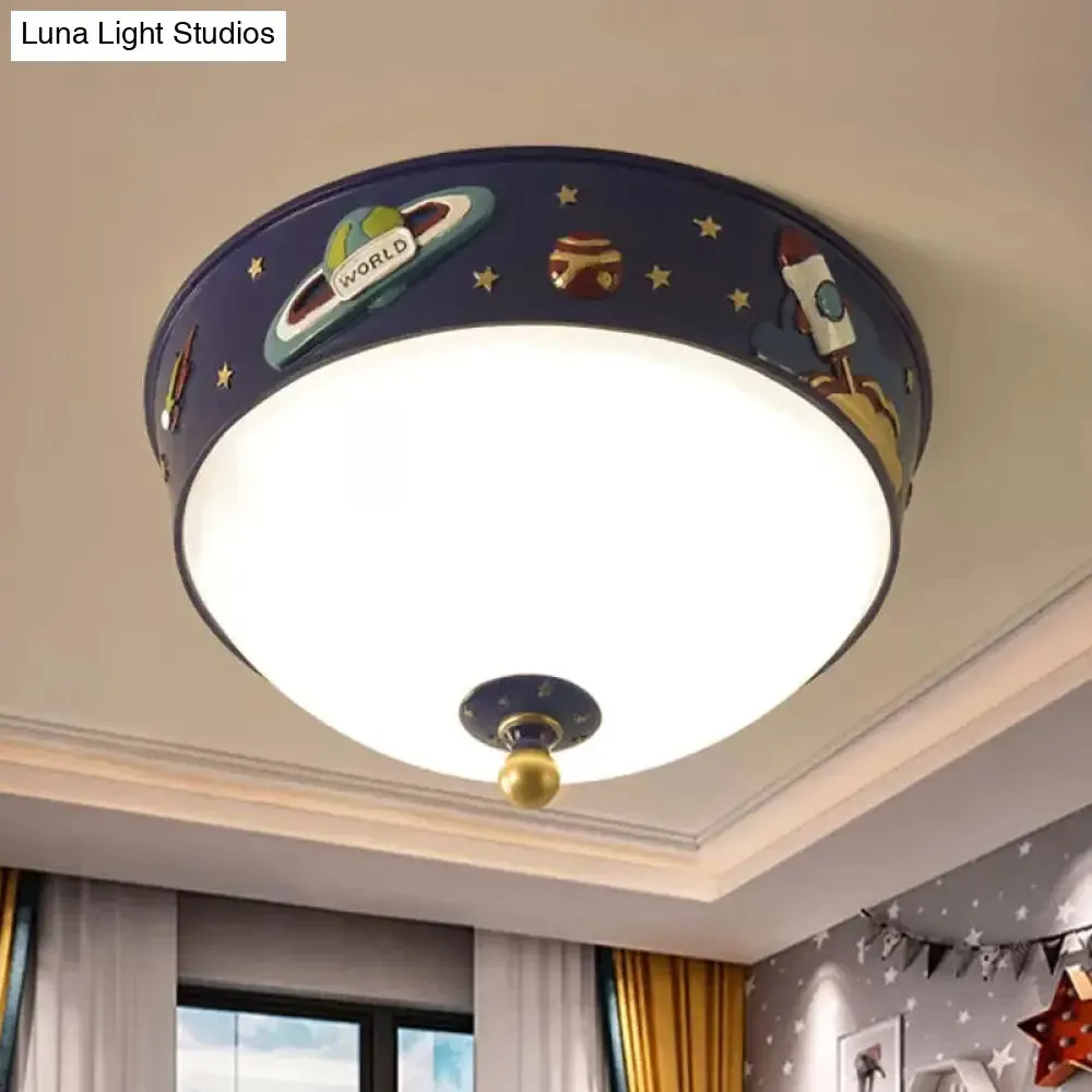 White Glass Bowl Ceiling Light - Cartoon LED Blue Flush Mount with Space Pattern in Warm/White Light