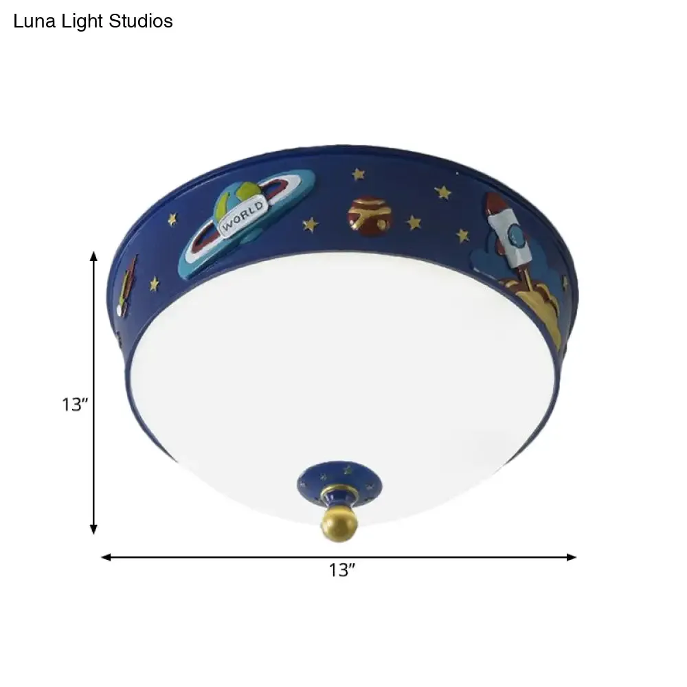 White Glass Bowl Ceiling Light - Cartoon LED Blue Flush Mount with Space Pattern in Warm/White Light