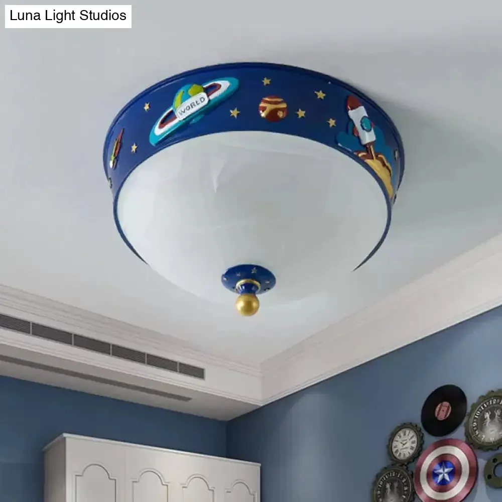 White Glass Bowl Ceiling Light - Cartoon LED Blue Flush Mount with Space Pattern in Warm/White Light